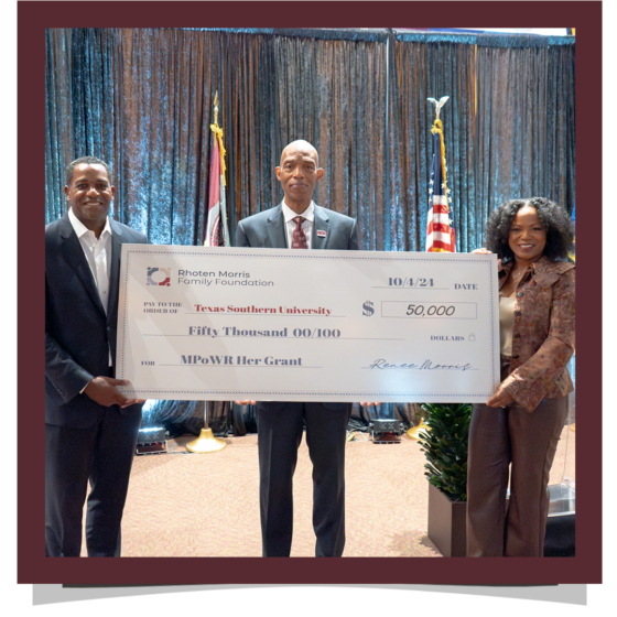 CCO Renee Morris and husband Milton Morris present $50,000 check to TSU