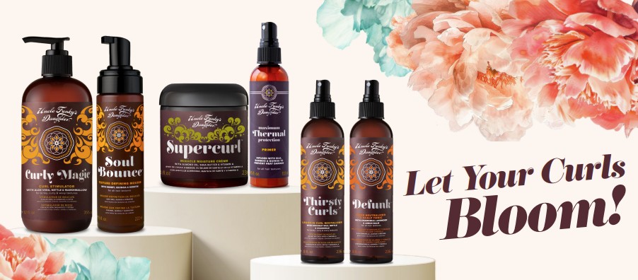 Spring hair care for curly hair using moisturizing and heat protection products.