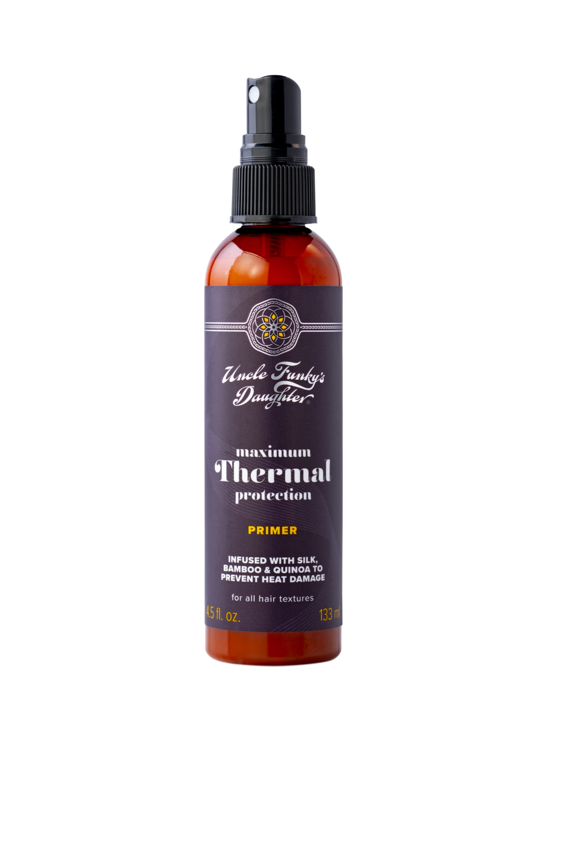 Curly hair heat protection spray by Uncle Funky’s Daughter for safe spring styling.