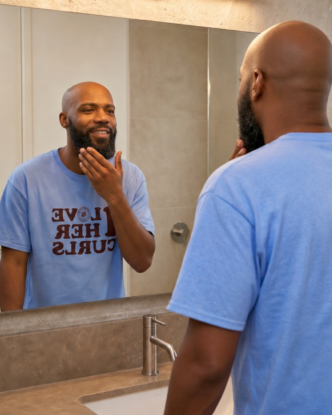 Men grooming routine in bathroom mirror touching his beard.